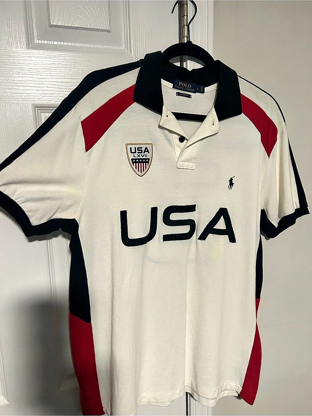Polo Ralph Lauren USA LXVII Custom Fit Polo Shirt in White & Red